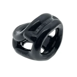 The Oxballs Cocksling Air, a black, glossy cock and ball ring with curved openings and raised text, is shown interconnected against a white background.