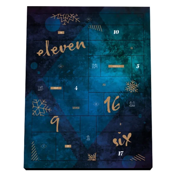 The Feel The Magic Shiver Erotic Advent Calendar 2025 features blue and teal doors in various fonts, with numbers counting till Christmas, decorated with snowflakes and geometric patterns.