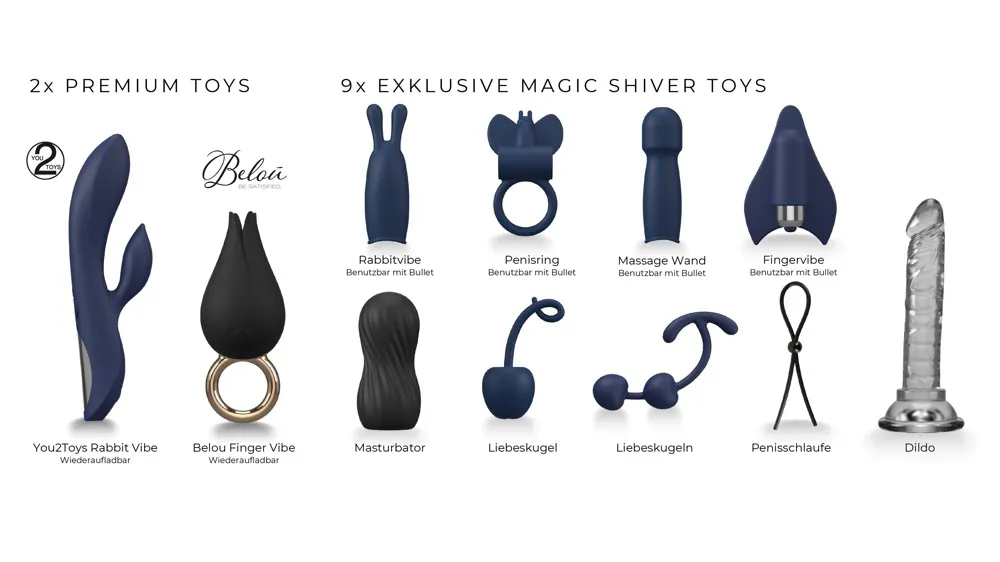 The Feel The Magic Shiver Erotic Advent Calendar 2025 features 24 blue adult toys; vibrators, cock rings, a massage wand, anal plugs, kegel balls, and a dildo, some are displayed in this image and also displayed in a row with German labels.