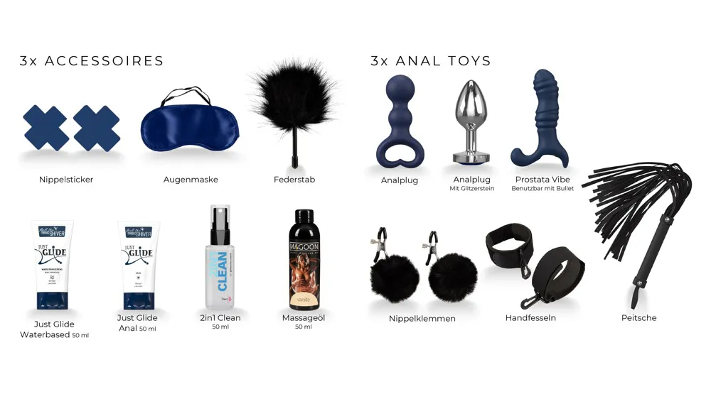 The Feel The Magic Shiver Erotic Advent Calendar 2025 includes BDSM accessories and anal toys, such as nipple stickers, an eye mask, feather tickler, anal plugs, prostate vibrator, handcuffs, lubricants, and more, all labelled in German.