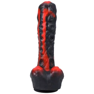 The Fort Troff Tendril Thruster Mini Fuck Machine is a black and red, tentacle-shaped silicone toy featuring a textured design with suction cups and a rounded base.