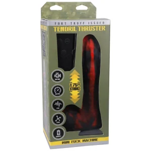 Boxed Fort Troff Tendril Thruster Mini Fuck Machine includes a black and red dildo with controller. Green camo packaging highlights "1.75'' stroke" and multiple functions.
