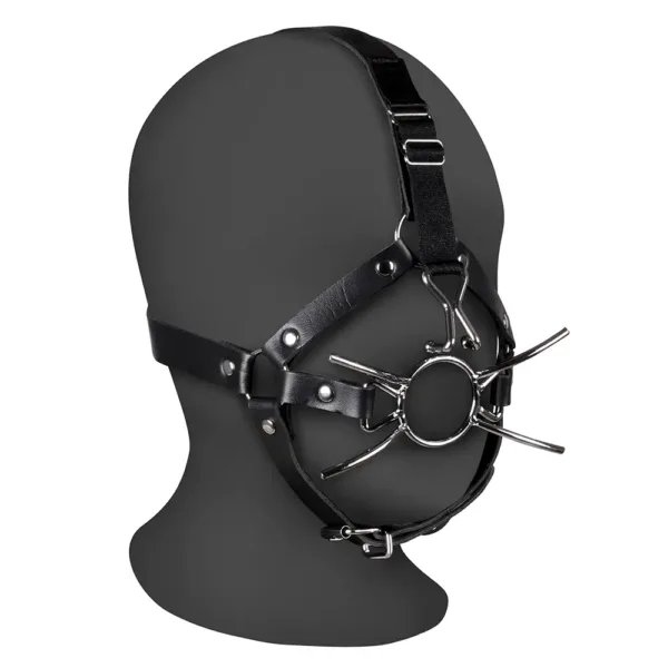 ouch xtreme head harness with spider gag and nose hooks on model