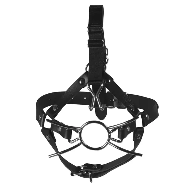 ouch xtreme head harness with spider gag and nose hooks front
