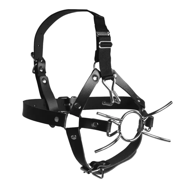 ouch xtreme head harness with spider gag and nose hooks front angle