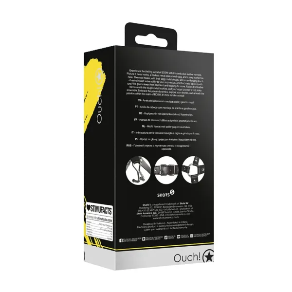 ouch xtreme head harness with spider gag and nose hooks packaging back