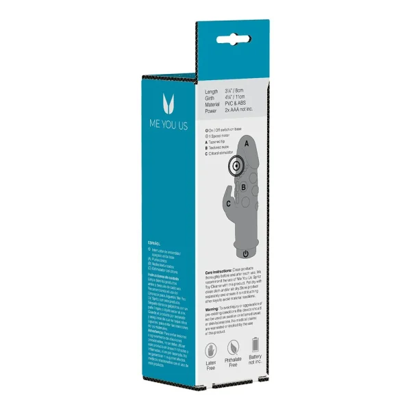 Packaging for the Me You Us Mini Jack Rabbit Vibrator: a blue and white box featuring product details, specifications, a diagram, and instructions on the side. A dark image of the product appears on the back of the packaging.