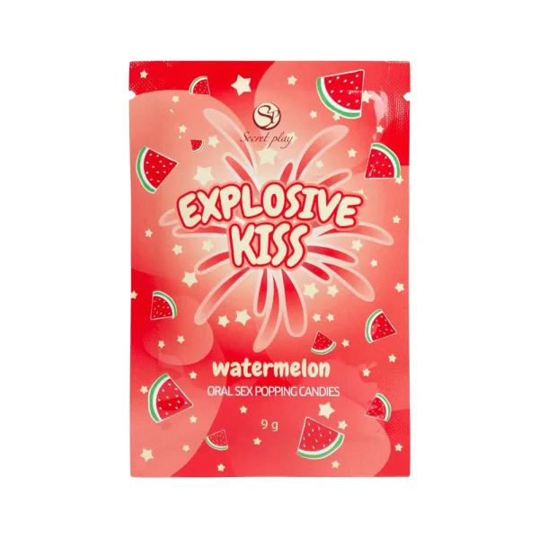 The Secret Play Explosive Kiss Oral Sex Popping Candies come in a 9g red packet decorated with watermelon slices and stars; the flavour is watermelon.