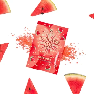 A packet labeled "Secret Play Explosive Kiss Watermelon Oral Sex Popping Candies" with watermelon graphics is shown among popping candy pieces and watermelon slices on a white background.