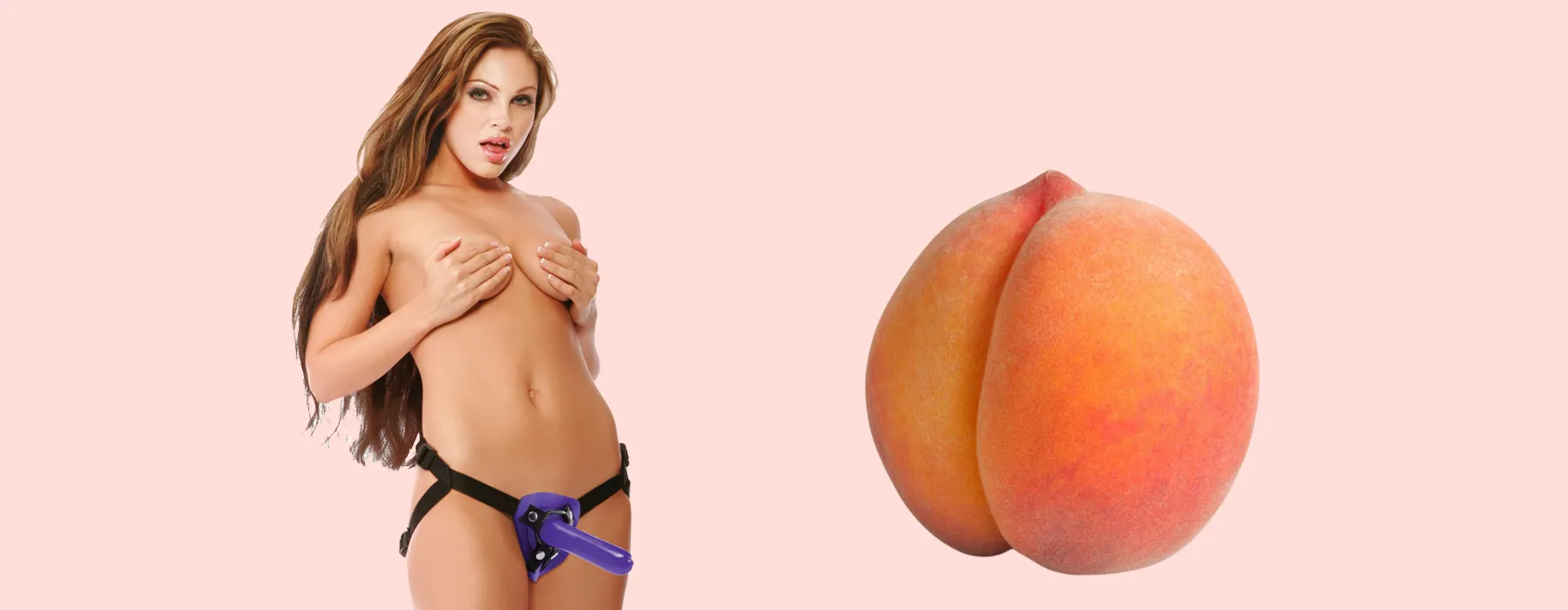 woman wearing strapon next to ass shaped peach