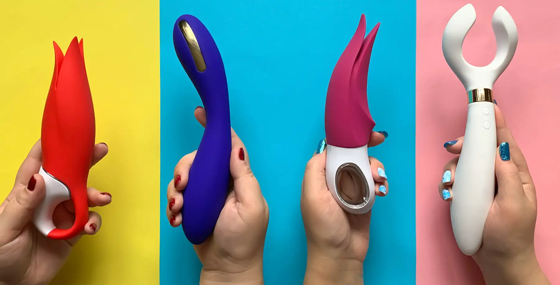 Four hands holding different vibrators against colorful backgrounds. From left to right: a red petal-like vibrator on yellow, a blue curved one on turquoise, a pink dual-tip design on turquoise, and a white U-shaped vibrator with gold accent on pink. Ready for sexual exploration.