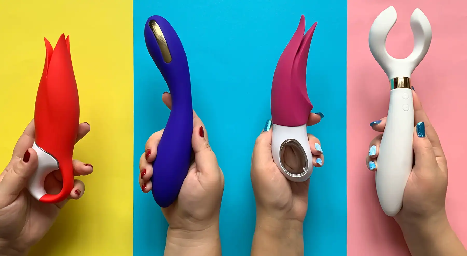 Four hands holding different sex toys against a colourful background. Left to right: red vibrator against a yellow backdrop, blue against turquoise, pink with against blue, and white vibrator with a circular head against pink.