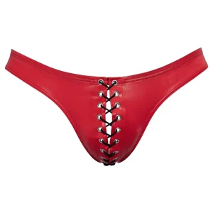 The Svenjoyment Red Briefs feature a striking black lace-up front design. The briefs incorporate elegant black laces threaded through silver eyelets. Displayed against a plain white background, these briefs offer both style and comfort.