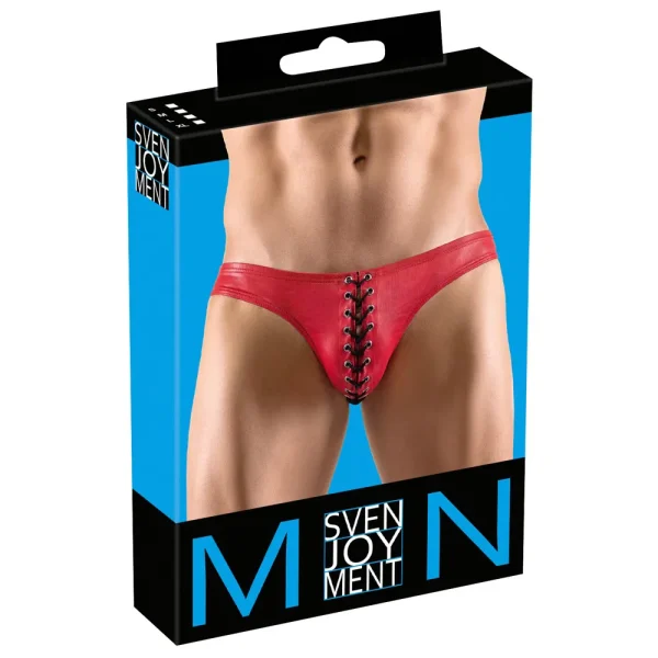 A product packaging featuring a pair of red lace-up men's briefs from the brand "Svenjoyment." The image shows a model from the waist to the upper thighs, wearing the briefs against a blue background. The text "SVENJOYMENT" is prominently displayed on the packaging.