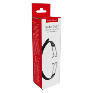 The "Me You Us Spider Gag 2" features red and white packaging with the brand name at the top. The box depicts a black adjustable PU leather and metal gag.