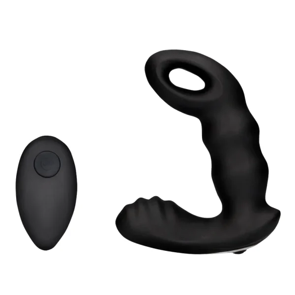 The Ouch Beaded Vibrating Prostate Massager With Remote Control is black with a textured surface, features a curved design.
