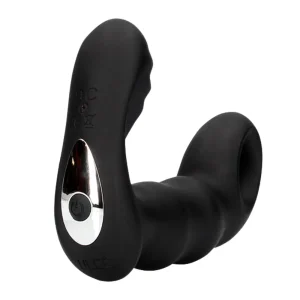 The Ouch Beaded Vibrating Prostate Massager With Remote Control is a black, curved prostate massager featuring a textured surface, and a power button on a metallic accent base for comfort and ease of use.