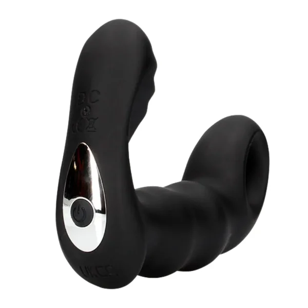The Ouch Beaded Vibrating Prostate Massager With Remote Control is a black, curved prostate massager featuring a textured surface, and a power button on a metallic accent base for comfort and ease of use.
