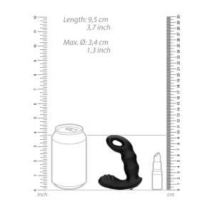 The Ouch Beaded Vibrating Prostate Massager With Remote Control is shown beside a soda can and lipstick, with rulers indicating its length as 9.5 cm (3.7 inches) and maximum diameter as 3.4 cm (1.3 inches).