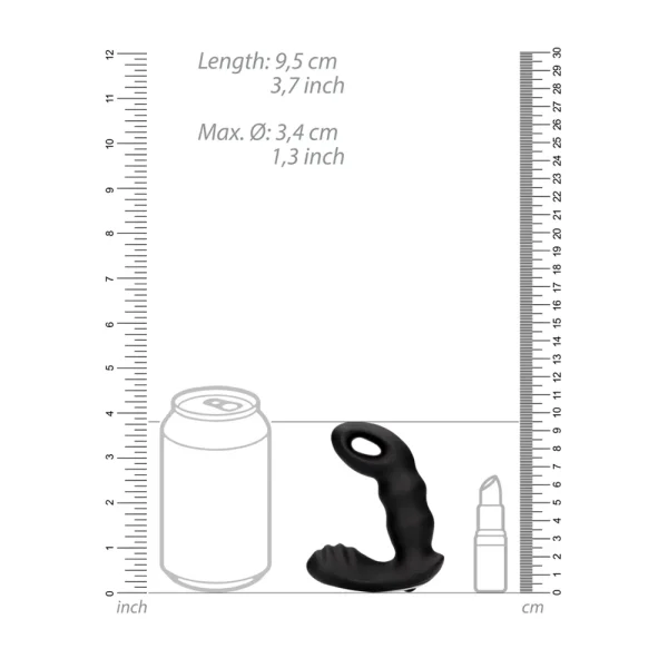 The Ouch Beaded Vibrating Prostate Massager With Remote Control is shown beside a soda can and lipstick, with rulers indicating its length as 9.5 cm (3.7 inches) and maximum diameter as 3.4 cm (1.3 inches).