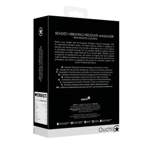 The image displays the back of the "Ouch Beaded Vibrating Prostate Massager With Remote Control" packaging. It features multilingual descriptions and branding logos, with a predominantly black box and white text.