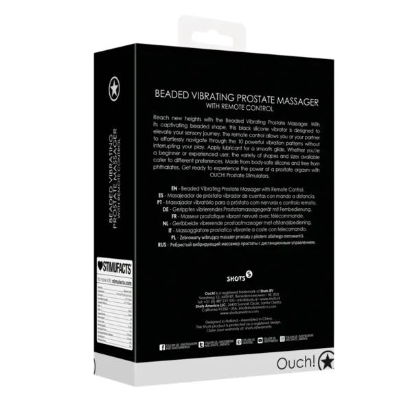 The image displays the back of the "Ouch Beaded Vibrating Prostate Massager With Remote Control" packaging. It features multilingual descriptions and branding logos, with a predominantly black box and white text.