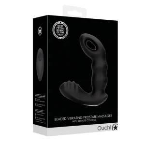The image displays the packaging of the Ouch Beaded Vibrating Prostate Massager With Remote Control in black, featuring a product image and awards such as "Best Fetish Brand of the Year.
