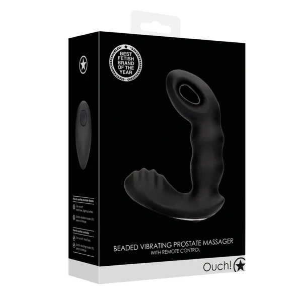 The image displays the packaging of the Ouch Beaded Vibrating Prostate Massager With Remote Control in black, featuring a product image and awards such as "Best Fetish Brand of the Year.