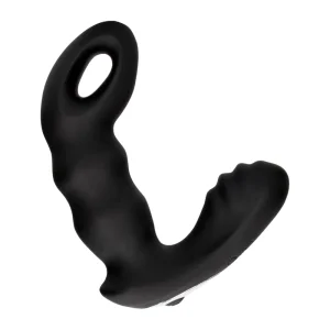 The Ouch Beaded Vibrating Prostate Massager With Remote Control is a black silicone prostate massager with a smooth, curved design featuring a ribbed texture along its body.