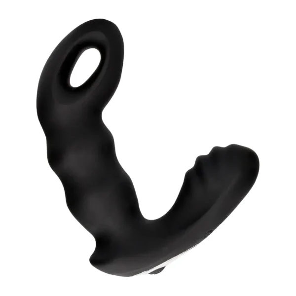 The Ouch Beaded Vibrating Prostate Massager With Remote Control is a black silicone prostate massager with a smooth, curved design featuring a ribbed texture along its body.