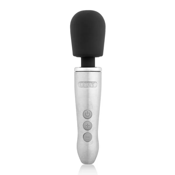 The Doxy Go Rechargeable Travel-Friendly Wand Massager features a silver body, a large black rounded massage head, and three control buttons on its handle, all displayed against a white background.