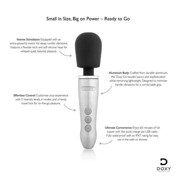 The Doxy Go Rechargeable Travel-Friendly Wand Massager is a compact silver and black wand vibrator with control buttons, featuring intense power, an aluminium body, customisable settings, and convenient USB charging.