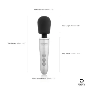 The Doxy Go Rechargeable Travel-Friendly Wand Massager features a silver body with a black head, displayed upright on a white background. Dimensions for the head, body, and total length are shown, with the DOXY logo in the lower right corner.