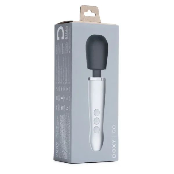 A gray box features the Doxy Go Rechargeable Travel-Friendly Wand Massager with a silver handle, three buttons, a large black massage head, and "DOXY GO" branding printed on the side of the packaging.