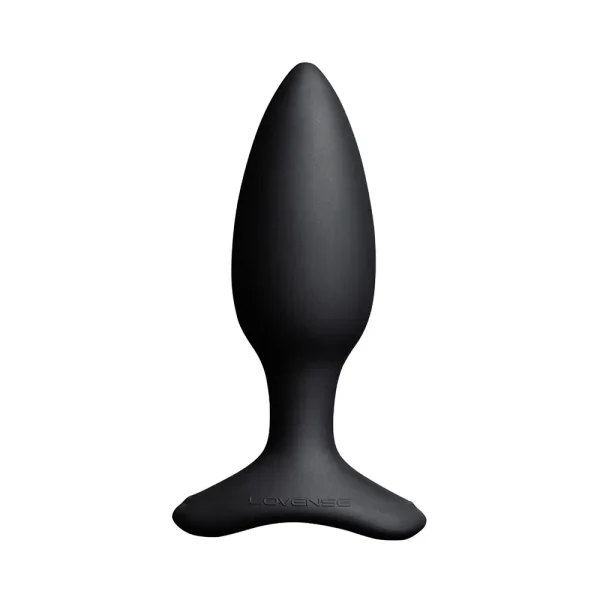 The Lovense Hush 2 Small App Controlled Rechargeable Vibrating Butt Plug, in black silicone with a tapered tip and flared base, stands upright on a white background. "Lovense" is engraved on its base.
