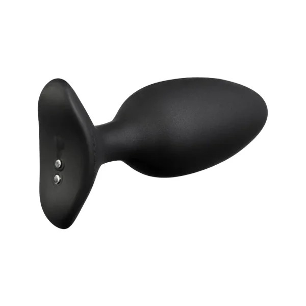 The Lovense Hush 2 Small is a black silicone, app-controlled rechargeable vibrating butt plug with a rounded tip and wide, flat flared base, shown on a white background.