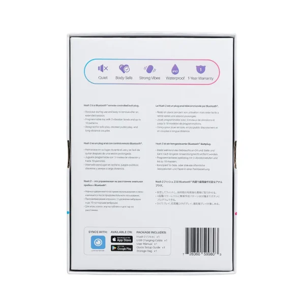 The back of the Lovense Hush 2 Small App Controlled Rechargeable Vibrating Butt Plug box features icons and text for quiet operation, body safety, strong vibrations, waterproof design, a 1-year warranty, and app store syncing options at the bottom.