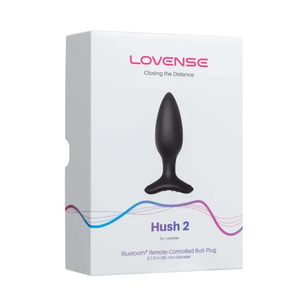 A white box displaying a black Lovense Hush 2 Small App Controlled Rechargeable Vibrating Butt Plug with product details in pink and blue text.