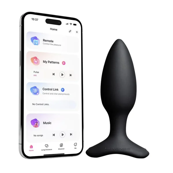 A smartphone with a control app is shown next to the black Lovense Hush 2 Small App Controlled Rechargeable Vibrating Butt Plug, featuring a tapered design and wide base.