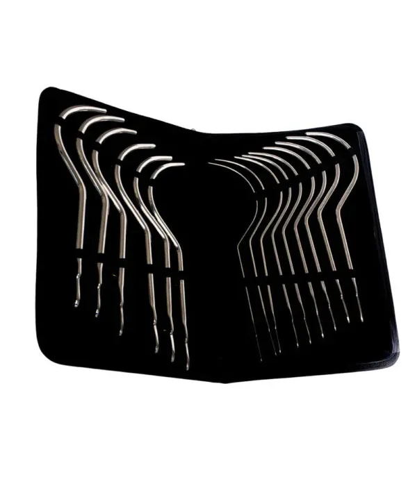 Set of urethral sounds with curved metal ends arranged neatly in a black case.