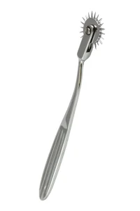 A stainless steel pinwheel with a textured handle and a rotating wheel of small spikes at the end, designed for sensory stimulation or medical use.