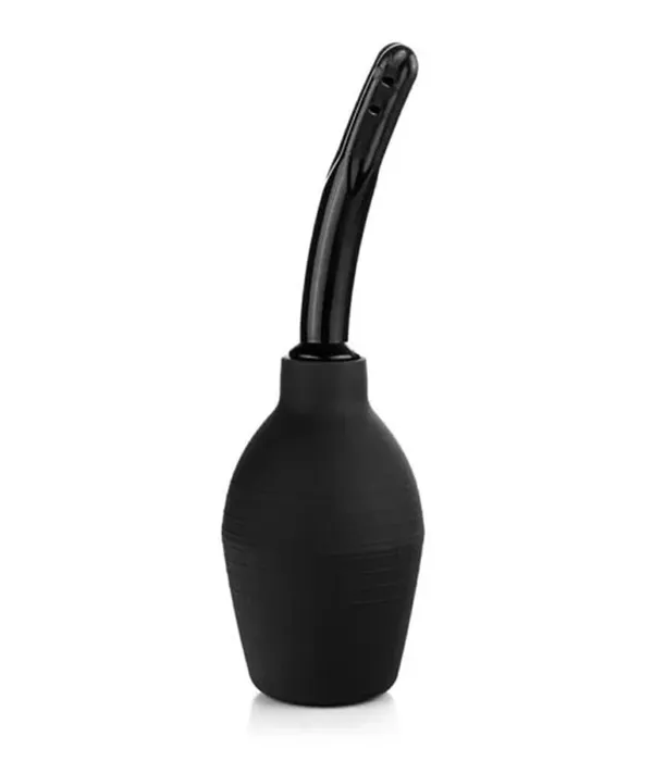 A black bulb anal douche with a curved nozzle, designed for use as a douche or enema. The bulb is round, and the nozzle is slender and slightly angled for ease of use.