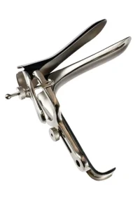 Metal gynecological speculum with a screw mechanism for adjusting width, featuring two blades and a handle. Designed for medical examinations.