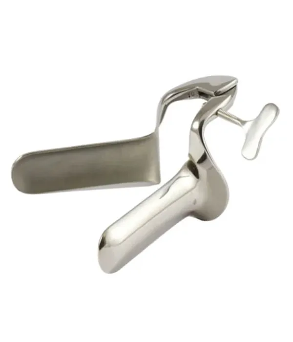 A stainless steel medical speculum with handles and a screw mechanism, used for examinations. The design includes two smooth, rounded blades for insertion and a handle for adjustment.