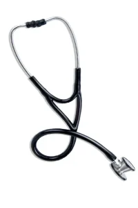 A black and silver stethoscope with dual acoustic tubes is shown against a white background. The earpieces are positioned at the top, and the chest piece with a diaphragm and bell is at the bottom.