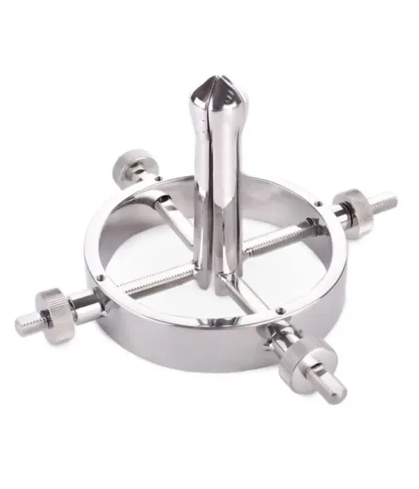 A shiny metal anal spreader with a circular base and protruding rods, featuring four adjustable screws on the sides. The central rod extends upward from the base. The design is for anal stretching/gaping.