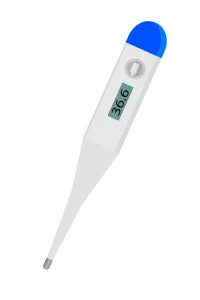 Digital thermometer displaying 36.6°C on its screen, with a white body and a blue tip.