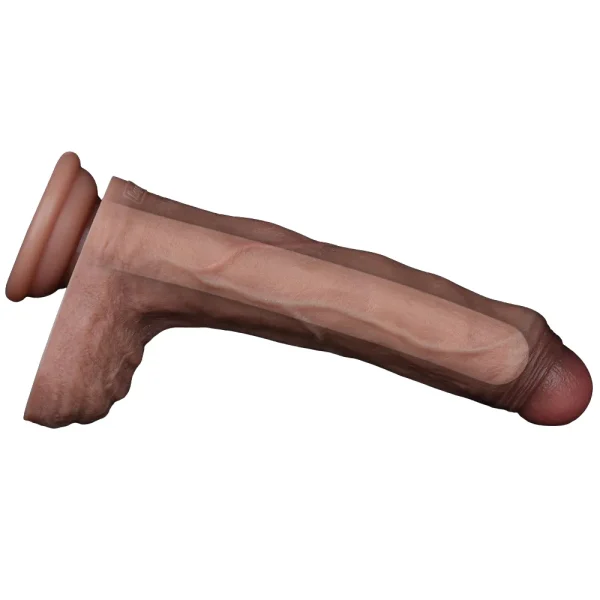 The Nature Cock 8.5 Inch Realistic Dual Layered Silicone Dildo is shown highlighting the internal firm core