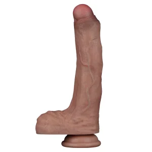 The Nature Cock 8.5 Inch Realistic Dual Layered Silicone Dildo is shown from the left side. The dildo stands upright showing lifelike veins downs the shaft.