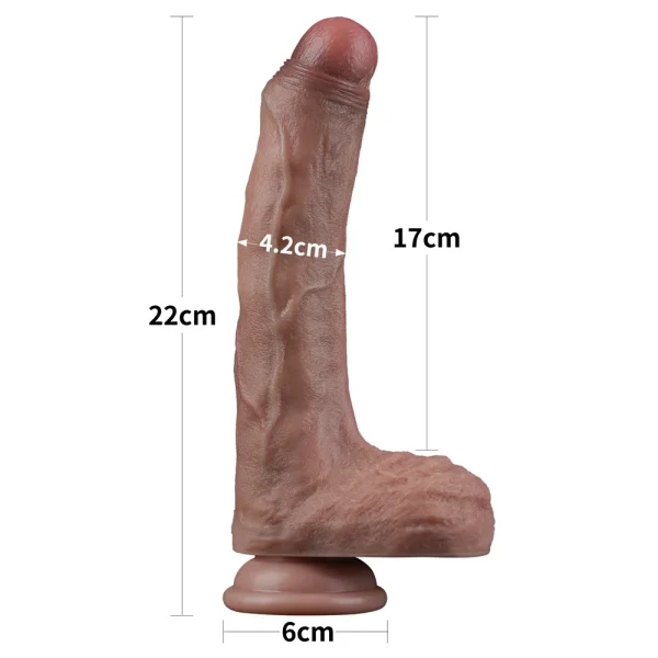 The Nature Cock 8.5 Inch Realistic Dual Layered Silicone Dildo, shown upright with a suction base, features lifelike flesh tones and measures 22cm long, 17cm insertable length, 4.2cm diameter, and a 6cm wide base.